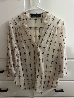 Cream Sheer Blouse with Black Cross Print